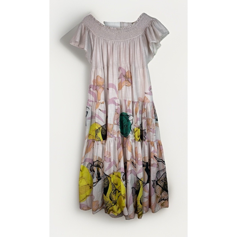 Anthropology Maeve Pia Binazzi Women's XSP Fish and Floral Tiered Maxi Dress